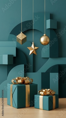 Festive holiday scene with teal and gold accents a gift giving celebration
