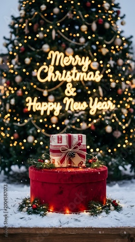 Festive holiday scene a brightly lit 'merry christmas happy new year' sign with a gift on a red velvet surface