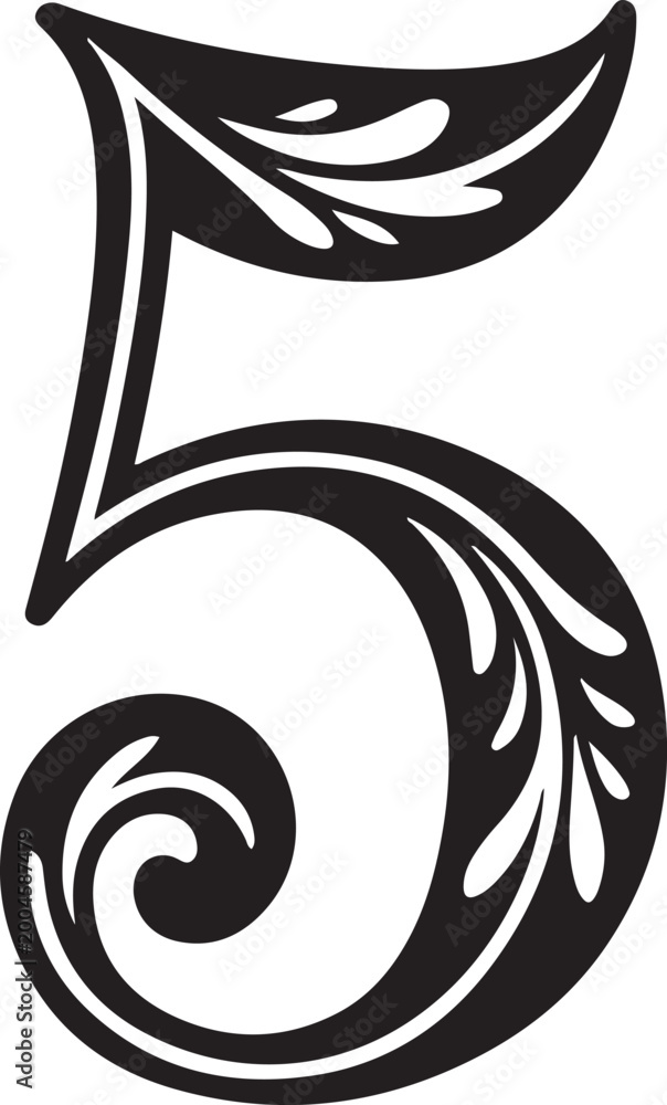 Obraz premium Beautiful number 5 with flowing leaf patterns and a spiral detail.