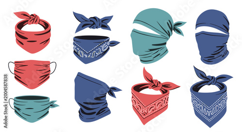 Set of colorful bandanas and face masks shown in different ways of wearing, including headbands and full facial coverings for style.