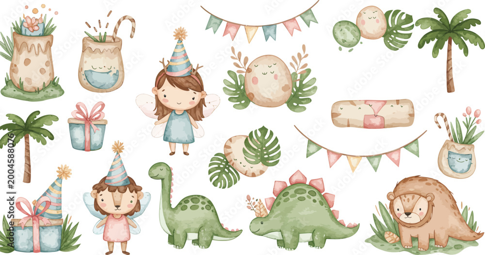 Fototapeta premium cute Dinosaur Birthday Clipart Set