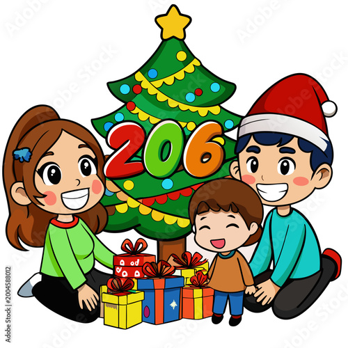 A happy family sitting near a Christmas tree, exchanging gifts and laughing joyfully 2026 on white background