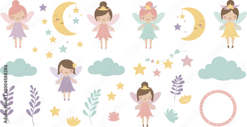 Fototapeta premium Whimsical illustration of women and celestial elements in soft pastel colors