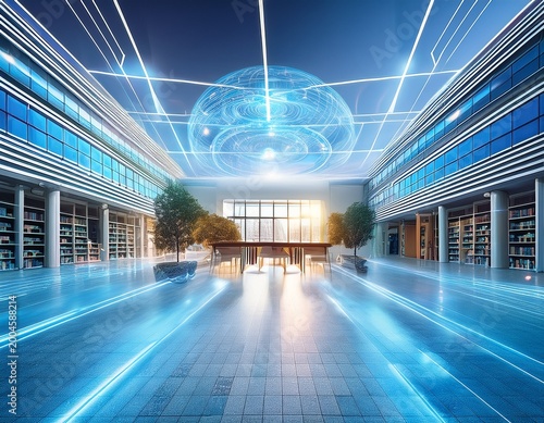 a modern university with interactive digital campuses and holographic libraries style