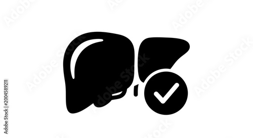 A silhouette of a human liver with a checkmark inside a circle, indicating a healthy liver or successful medical treatment.
