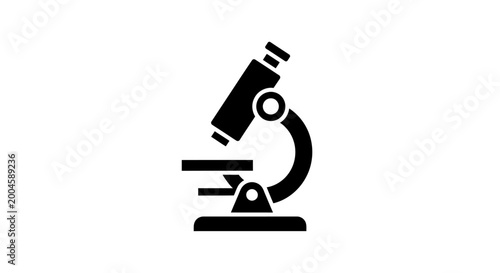 Fotografi A black silhouette of a classic laboratory microscope stands ready for scientific exploration against a stark white backdrop, symbolizing research and discovery