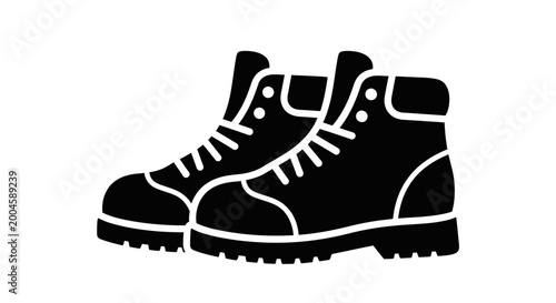 Photos A pair of sturdy black silhouette hiking boots with laces tied symbolize adventure, exploration, and outdoor activities against a clean white background