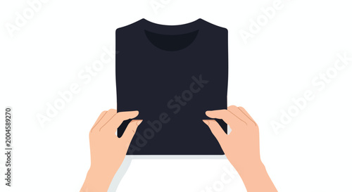 Hands folding a dark t-shirt neatly on a clean white background, top-down view. Flat vector illustration for laundry, garment care, or retail.