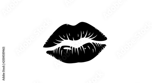 A bold black silhouette of luscious lips pursed for a kiss, with subtle texture lines on a white background.