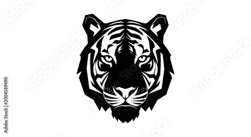 Schilderij op canvas A fierce black silhouette of a tiger's face with intense eyes and bold stripe patterns on a white background