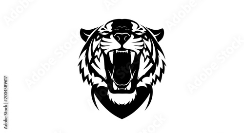 A fierce black and white tiger head with an open mouth and bared fangs, depicted as a powerful emblem or mascot.