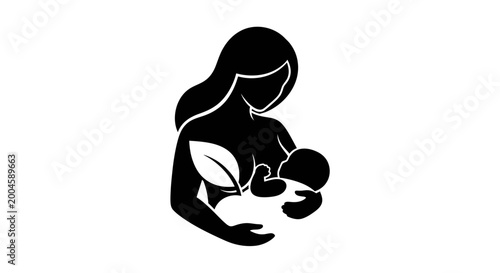 Foto A black silhouette of a mother tenderly breastfeeding her baby, with a leaf symbol indicating natural and organic nurturing