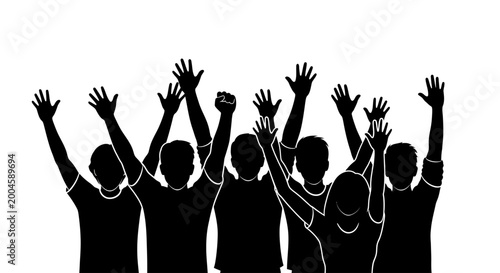 A dynamic silhouette of a diverse group of people raises their hands high in the air, expressing excitement, unity, and collective participation.