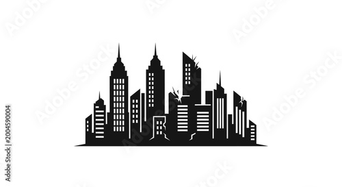 Bild auf Leinwand A silhouette of a devastated city skyline with broken buildings and cracked structures symbolizes urban decay, destruction, or disaster