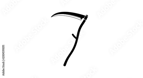 Foto A stylized black silhouette of a grim reaper's scythe with a curved blade represents death, mortality, and the passage of time