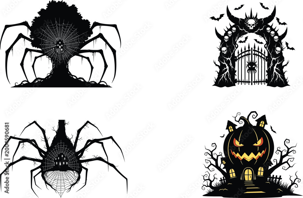 Fototapeta premium Set of spooky halloween vector illustrations with dark icons