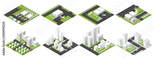 Isometric city street and airport buildings set