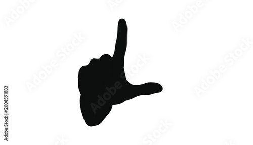 Hand gesture showing the letter L is depicted as a bold black silhouette isolated on a pure white background, providing a versatile graphic resource for educational or communication design projects.