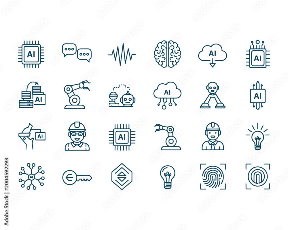 Fototapeta premium AI Technology Line Icons Set, Artificial Intelligence Outline Vector