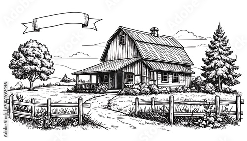 Hand-drawn barn with fenced path and banner on a hillside. Landscape with tree, clouds, and grass