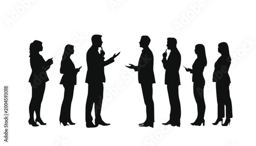 Businesspeople engage in a professional discussion, forming a diverse group silhouette that represents collaboration, teamwork, and corporate communication in a clean and modern office environment.