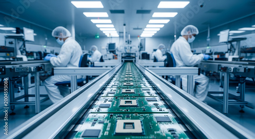 High-tech electronics manufacturing plant | Automated microchip assembly line | Precision PCB engineering in a sterile cleanroom | Industrial production of semiconductor hardware
