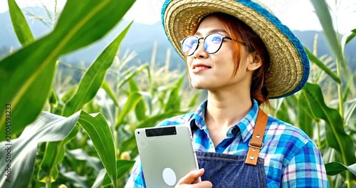 Woman in plaid shirt and overalls holding tablet in cornfield with straw hat on smiling