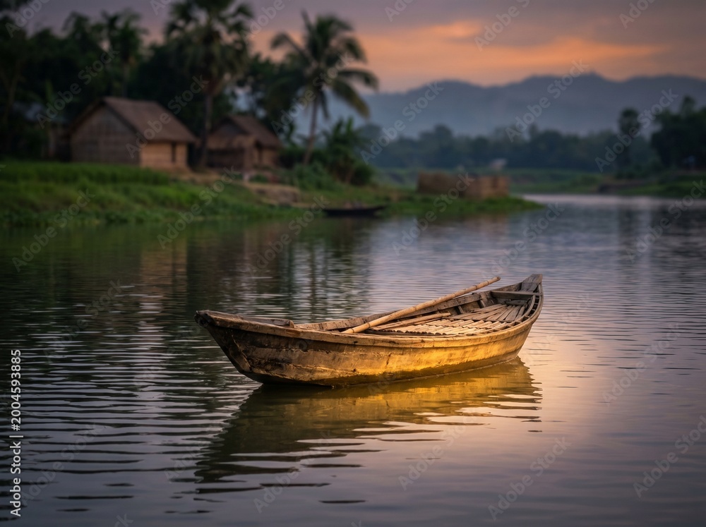 Obraz premium Traditional Wooden Boat on Calm River at Sunset; Rural Village Landscape with Dinghy and Palm Trees (Borassus flabellifer); Peaceful Tropical Backwaters Scene.
