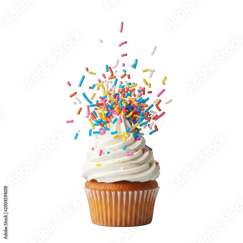 Delicious cupcake with white frosting and colorful sugar sprinkles