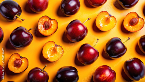 Fresh plums whole and halved on vibrant yellow background  
