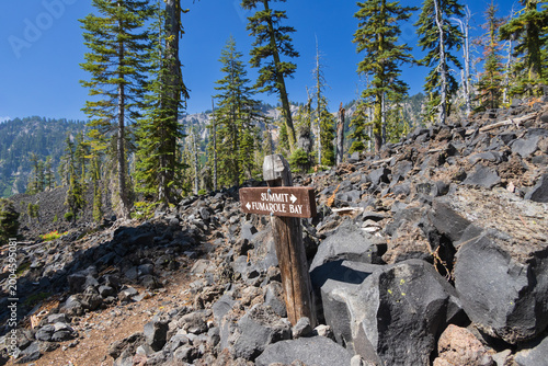 Wooden trail marker at Wizard Island at Crater Lake National Park, Oregon