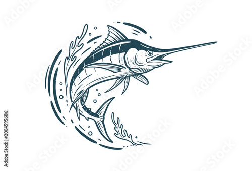 Obraz na plátně Vintage marlin jumping out of water illustration