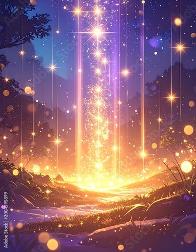 Magical light beams upwards from a forest clearing, illuminating the night with glowing orbs and purple hues