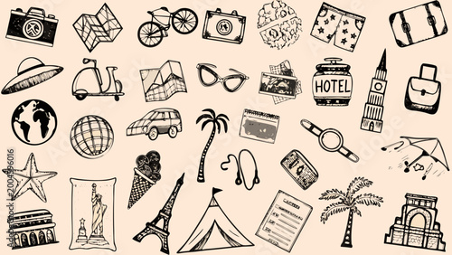 Schilderij op canvas assortment of hand drawn travel icons and symbols in a sketch style on a beige b