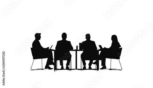 Colleagues silhouettes sit around a conference table working with laptops, representing a collaborative professional team engaged in a productive meeting within a modern office environment for.