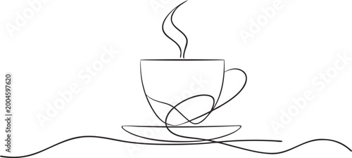 Cuadro en lienzo Minimalist line drawing of a steaming cup of coffee on a saucer