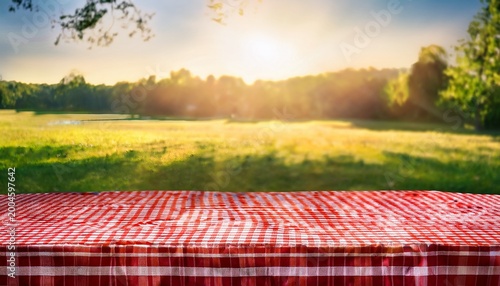 red checkered tablecloth outdoor picnic scene with warm sunlight and green park background creating cheerful summer atmosphere