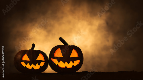 Glowing Jack-o'-Lanterns: Spooky Halloween Pumpkins with Dramatic Lighting, Perfect for Festive Backgrounds and Seasonal Commercial Use