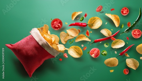potato chips burst from a bag with peppers and vegetables flying in the air with slices of chili and tomato on a green surface