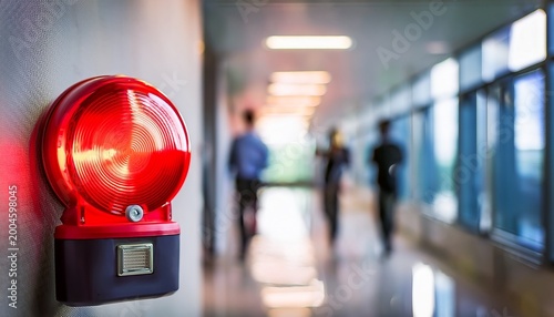 red alarm light wall emergency warning signal security alert system red siren closeup office corridor blur danger notification safety concept