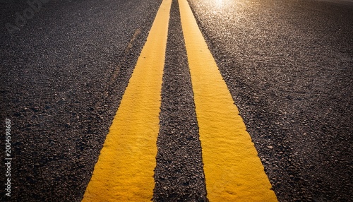 double yellow lines on asphalt road close up traffic markings