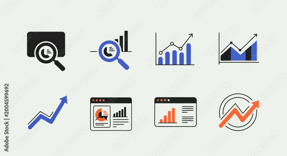 Obraz premium Data analytics concept vector icon sheet with 4 unique analysis icons including magnifying glass chart, growth graph, statistics dashboard, trend monitoring in modern flat design UI icon set