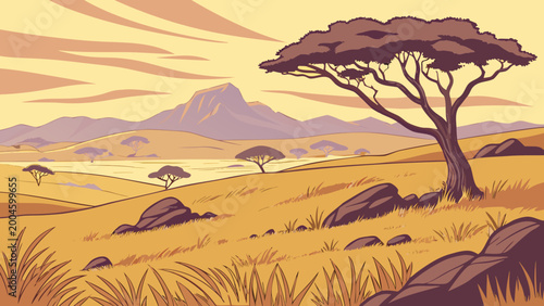 A serene savannah landscape at sunset featuring a large acacia tree in the foreground with rolling hills and mountains in the background