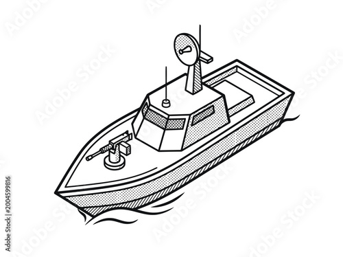 Isometric Patrol Boat Illustration Military Security Vessel with Radar