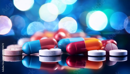 medical pills on reflective surface with bokeh background