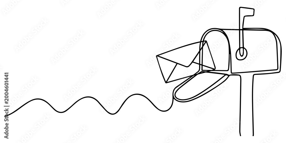 Fototapeta premium mailbox and envelope drawn continuous one line drawing, Mailbox with envelopes in continuous one line drawing. Minimal hand-drawn vector illustration. one line Art icon drawing vector