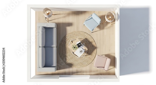 A top down view of a modern living room featuring a comfortable grey sofa two stylish armchairs a coffee table and a large woven rug