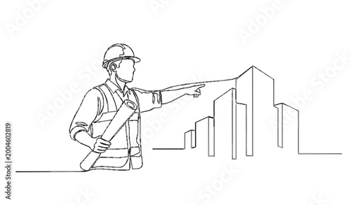 Tableau sur toile Construction foreman manager continuous line drawing supervising building work m