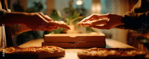 Friends enjoy a fun pizza party with laughter and friendly competition over pizza boxes at a cozy table during an evening gathering
