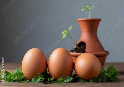 Three orange pumpkins on a brown vase with green leaves and stem
